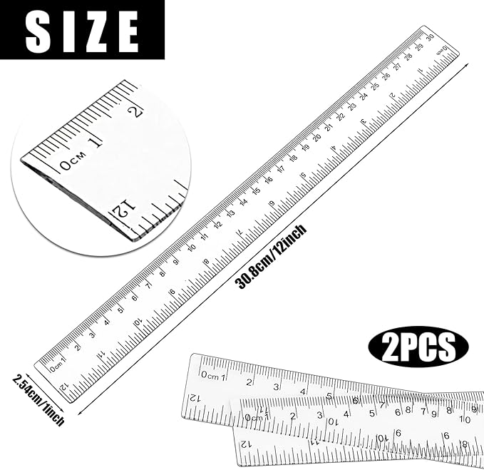 Koogel 2PCS Plastic Clear Rulers, 12 inch Transparent Plastic Straight Rulers with Centimeters and Inches, Measuring Tool for Student Kids School Office Home