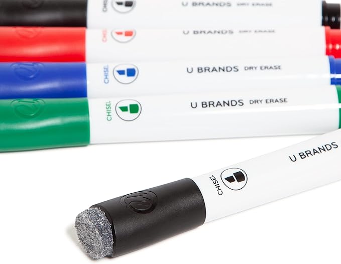 U Brands Fine Tip Dry Erase Markers with Eraser, Whiteboard Markers with Chisel tip, Extra Ink, Low Odor, Assorted Colors, Set of 5