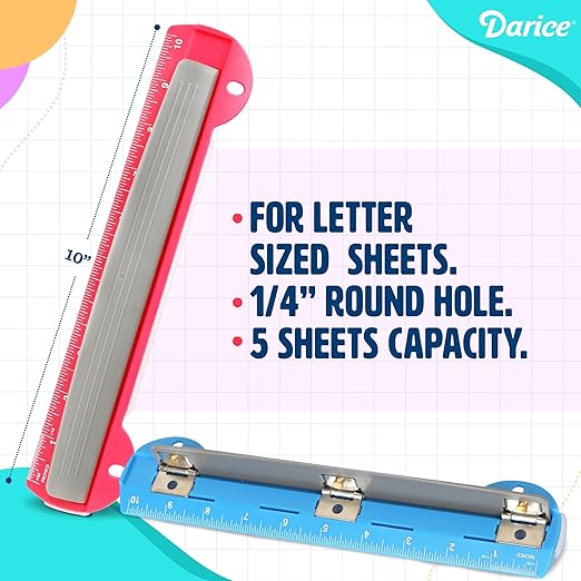 Darice 3 Hole Puncher 2 Pack - 5 Sheet Capacity Paper Punch with 10" Ruler - 3 Ring Easy-Clean Tray, Portable, Compact - Blue Pink