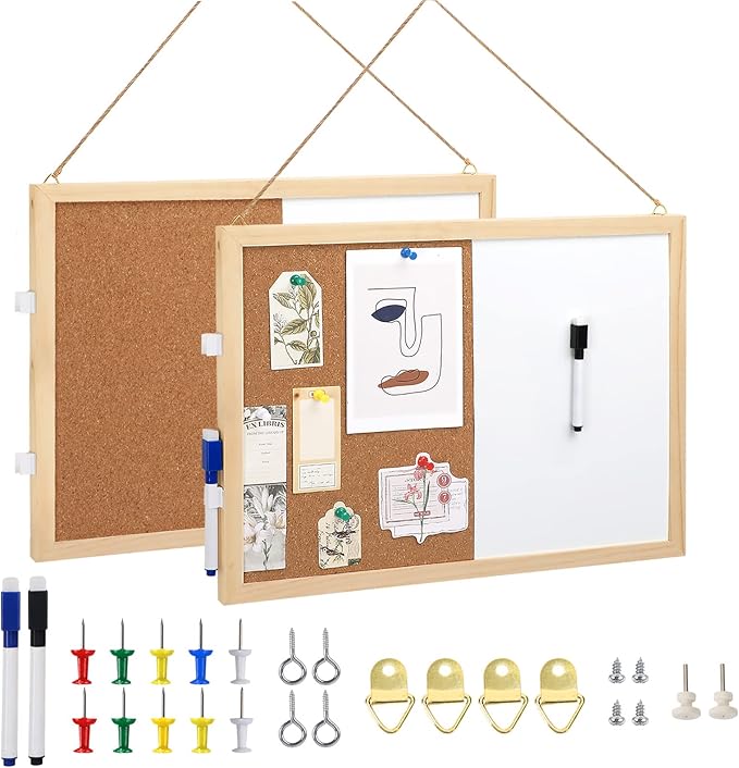 2-Pack Cork Board White Board Combo - 15.7 x 12 inches Whiteboard Bulletin Combination Board Hanging Office White Push Pin Board Vision Board for Room School Office Bedroom (with Pins, Hardware, Rope)