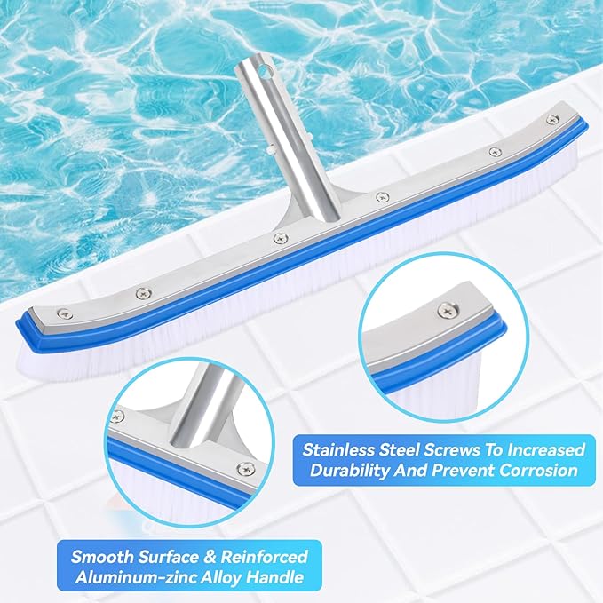 18'' Heavy Duty Swimming Pool Brush – Plastic Bristles, Curved Edge for Cleaning Walls, Tiles, Floors, Steps – Fits Inground & Above Ground Pools