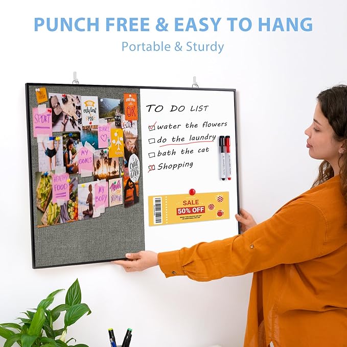 ARCOBIS Cork Board White Board Combo, 24"X18" Linen Bulletin Board Whiteboard for Wall, Double-Sided Magnetic Dry Erase Corkboard for Home, Office, School, Grey