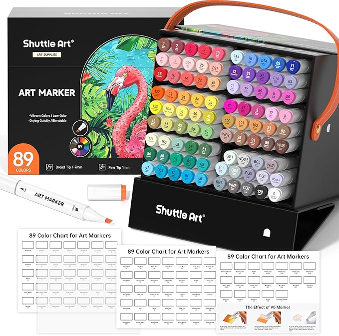 Shuttle Art 89 Colors Alcohol Markers, 88 Colors Dual Tip Art Marker Set Plus 1 Colorless Blender with Marker Case Perfect for Illustration Students Adult Coloring Sketching