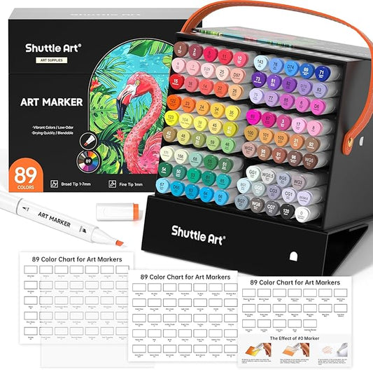 Shuttle Art 89 Colors Alcohol Markers, 88 Colors Dual Tip Art Marker Set Plus 1 Colorless Blender with Marker Case Perfect for Illustration Students Adult Coloring Sketching