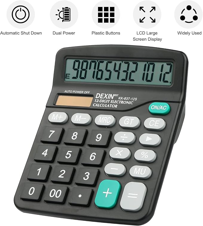 Desk Calculator, Envysun 12-Digit LCD Display Office Calculator – Dual Power, Compact and Lightweight, Easy-to-Read Display, Durable for Business, School, and Home (Gray)