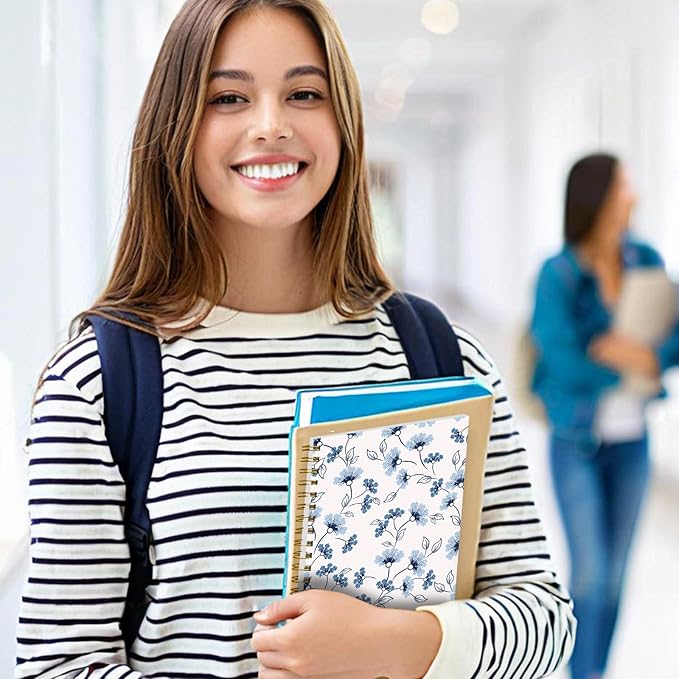 Spiral Notebook Journal for Women Men, A5 Hardcover Journal, 120 Pages Thick Paper, College Ruled Writing Notebook for School, Work & Office 8.3'' × 5.9''(Blue Flower Leaf)