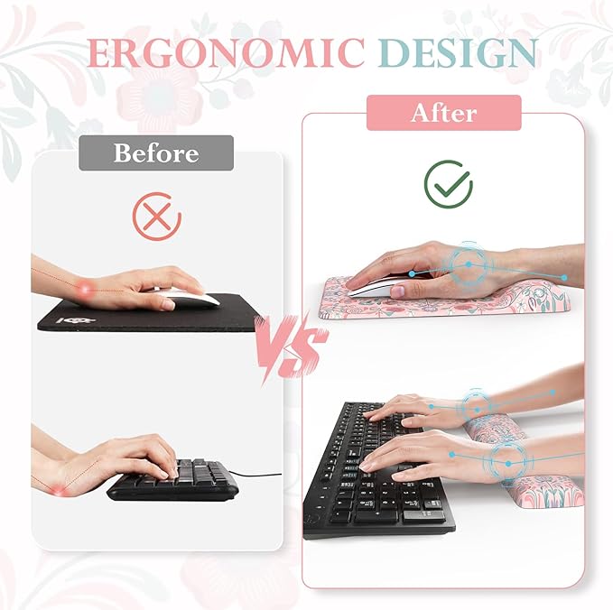 iCasso Mouse Pad with Wrist Rest,Large Desk Mat Set,Ergonomic Keyboard Pad with Wrist Support,Non-Slip Mouse Mat for Women,Cute Floral Computer Mat for Home Office Gaming (Pink)