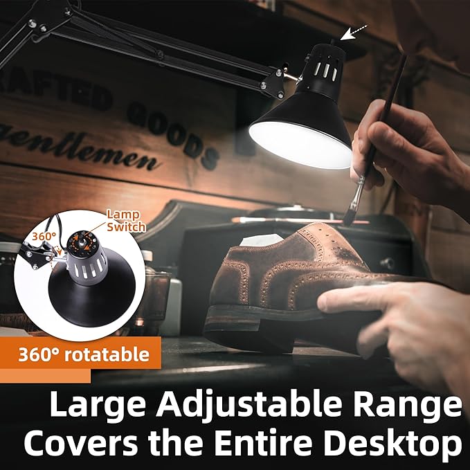 Hypool Desk Lamp w/A19 E26 LED Bulb for Home Office Eye-Caring Metal Extra Tall Swing Arm High Intensity Clamp Flexible Gooseneck Side Table Working Reading Computer Workbench 5000K White Light