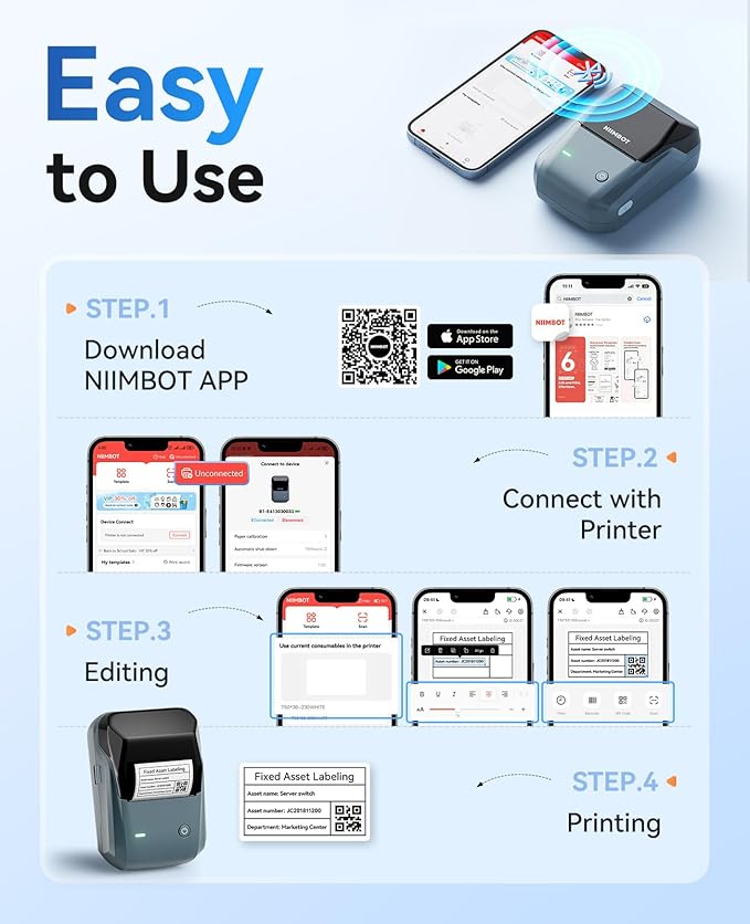 NIIMBOT B1 Label Maker Machine with Tape, Thermal Label Printer Easy to Use for Office, Home, Business, 2 Inch Label Maker with 2'' x1.18'' Labels