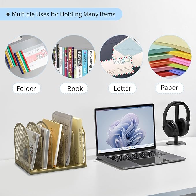 5-Section Vertical Desktop Organizer, 5-Section Mesh File Folder Stand Sorter for Office Home Classroom Organization (1, Gold)