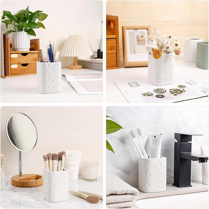 Ceramic Pen Holder for Desk, Makeup Brush Holder, Pencil Holder Stand, Pencil Cup Pot with Raindrop Design, Dual Use Desktop Organizer for Office, Home, School, Vanity