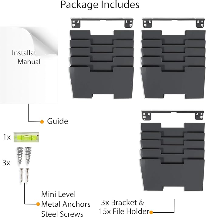 Wallniture Lisbon 15-Tier Wall Mounted File Holder and Desk Organizer, Metal Gray Office Organization and Storage Rack