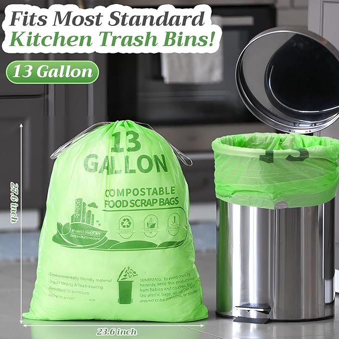 Amyhill 100 Count 13 Gallon Compostable Trash Bags Drawstring Heavy Duty Extra Thick 1.58 Mil 49.2 Liter Garbage Bags 13 Gallon Tall Kitchen Food Scrap Waste for Home Bathroom Garbage, Green