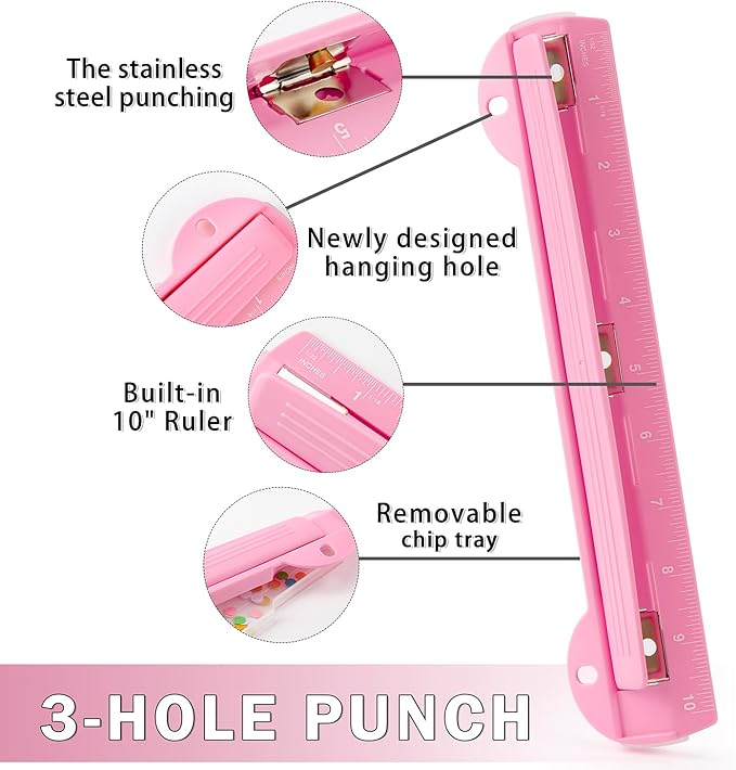 WORKLION 3 Ring Hole Puncher for Binders,Pink,with 10" Ruler, Plus Paper-chip Tray Design,Paper line up Guide,5 Sheets Capacity…