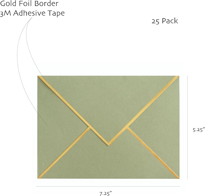 A7 Envelopes - V Flap Foil Border Luxury Mailing Envelopes for 5" x 7" Cards - for Wedding, Invitations, Baby Shower, Photos, Graduation, Birthday, Bridal Shower - 5.25" x 7.25" (Sage, 25 Pack)