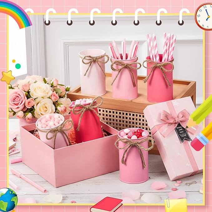 Domensi 6 Pcs Pink Pen Holder Cup for Desk Pencil Holder Marker Pen Metal Organizer Wedding Table Centerpiece Small Galvanized Metal Tin Vases for Artificial Flowers Office Stationery Storage