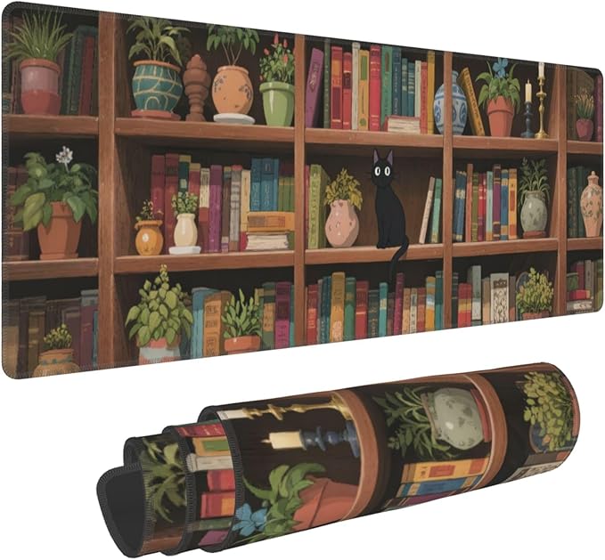 Bookshelf Cat Green Plants Large Mouse Pad, Anime Style Gaming Desk Mat, XL Keyboard Desk Pad Mat for Desktop, 31.5"x11.8" Non-Slip Base Big Mousepad with Stitched Edges