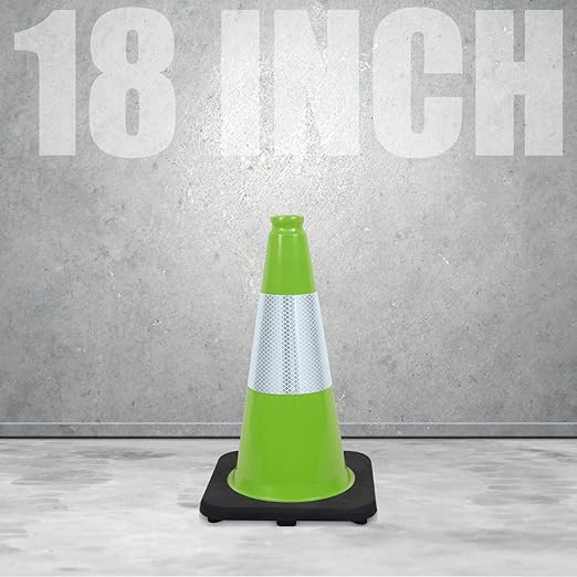 Fluorescent Orange/Green PVC Traffic Cones, Heavy Black Base Parking Lot Cone Structurally Stable Weatherproof Road Construction Safety Cones (8, Green, 18" Medium)