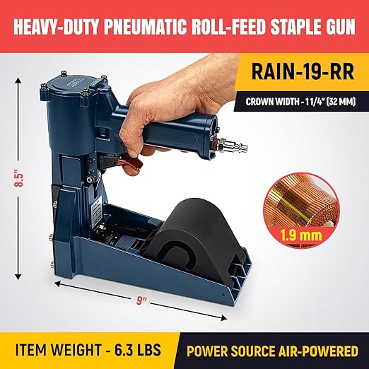 IDL Packaging RAIN-19-RR Heavy-Duty Pneumatic Staple Gun for 1 1/4" (32 mm) Crown Staples - Heavy-Duty Air Powered Roll-Feed Stapler - Professional Air Pressure Staple Gun for Fast Box Closing