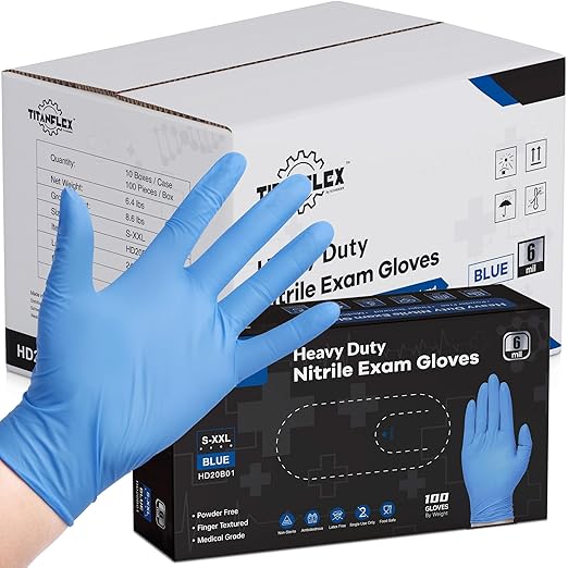 TitanFlex Nitrile Exam Gloves, Blue, 6-mil, XXL, Case of 1000, Heavy Duty Nitrile Gloves Disposable Latex Free, Powder Free, Medical Gloves, Cooking Gloves, Mechanic Gloves, Cleaning Gloves