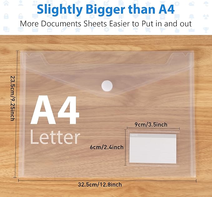 ABSOFINE 48 Pack Plastic Envelope File Folders, Transparent Folders for Documents A4 Letter Size with Label Pocket for School Home Work Office Organizer, Hook & Loop Closure, 100% Clear, Easy Storage