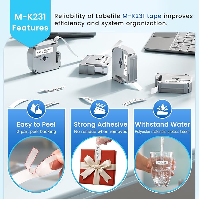 Labelife M-K231 Label Tape Replace for Brother P Touch M Tape M-K231S M231 MK231 M-231 12mm 0.47 Inch for Brother PTouch PT-M95 PT-65 PT-80 PT-70 PT-45 PT-90 Label Makers, Black on White, 4 Pack
