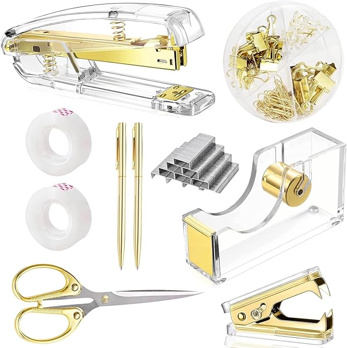 Office Supplies,Desk Accessories,with Stapler,Tape Dispenser,Staple Remover,Scissor,Ballpoint Pen,Clear Tape,Staples,Binder,Best Gift Set(Gold)