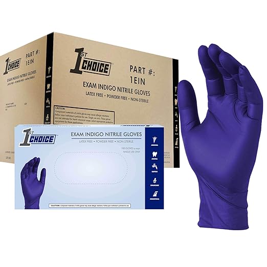 1st Choice Indigo Nitrile Disposable Exam Gloves, 3 Mil, Case of 1000, M
