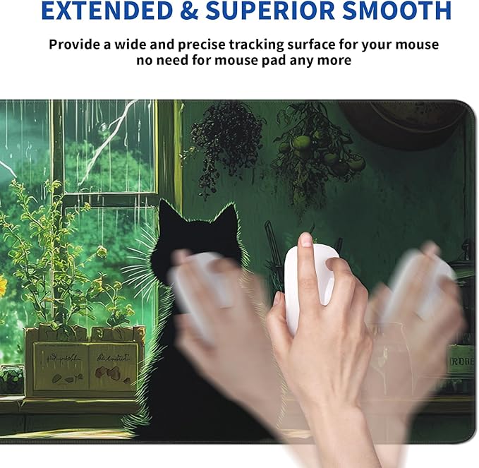 Green Black Cat Mouse Pad Abstract Green Mouse Pad 31.5x11.8 Inch Cat Texture Non-Slip Rubber Base Large Mousepad Stitched Edges Keyboard Mouse Mat Desk Pad for Office and Home