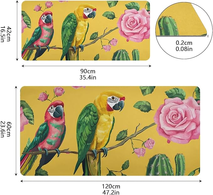 Mouse Pad Desk Mat Leather Desk Pad Large Gaming Desk Cover Protector Mat for Keyboard Computer Laptop Office Waterproof 35.4 x 16.5 Inch Yellow Cactus Parrots and Roses