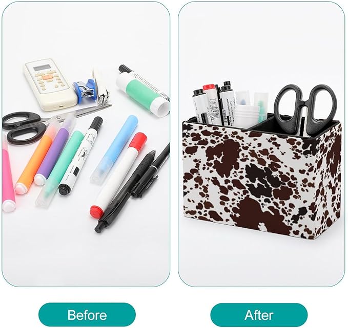 Pen Holder, Pencil Holder for Desk Organizer, Cow Print Brown Spots PU Leather Pencil Cups Desktop Stationery Storage Makeup Brush Holder Pen Organizer for Office Home