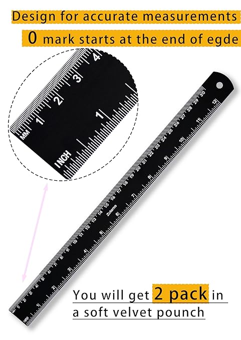 Metal Ruler 12 Inch, Metric Ruler Dual Scale with Laser Etched Measurement, 2 Pack Easy to Read Aluminum Straight Edge with Inch to Millimetre Conversion Table for Office Back to School Student