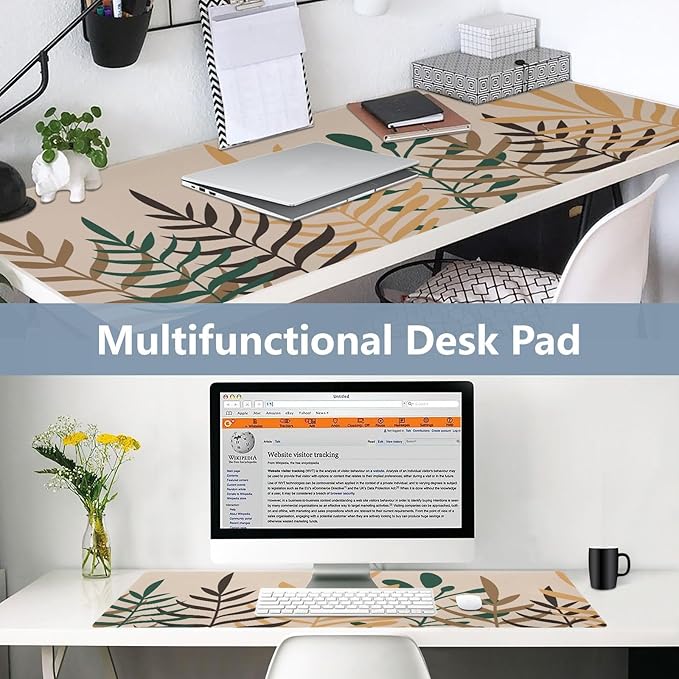 Mouse Pad Desk Mat Leather Desk Pad Large Gaming Desk Cover Protector Mat for Keyboard Computer Laptop Office Waterproof 47.2 x 23.6 Inch Boho Leaves Beige