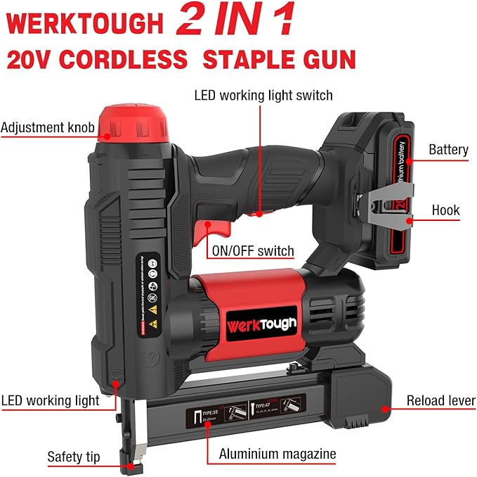 20v Cordless Staple Gun Brad Nailer 2 in 1 Aluminum Metal magzine 1 Hour Fast Charger 2000mA Lithium Battery 2000pcs Free Staples(90 4/5”1000+18GA 1”x1000) in Tool Case