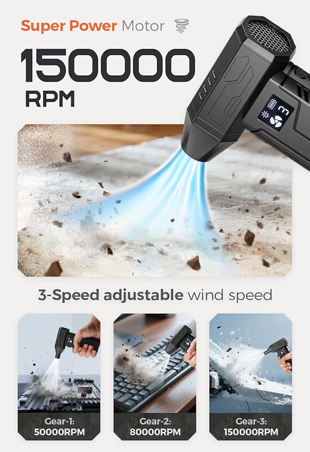 Compressed Air Duster 150000RPM Super Power Electric Air Duster,Cordless Air Blower with Led Light,Replace Canned Air,Compact Dust Blower for Computer, Keyboard, House, Outdoor and Car (Drak Black)