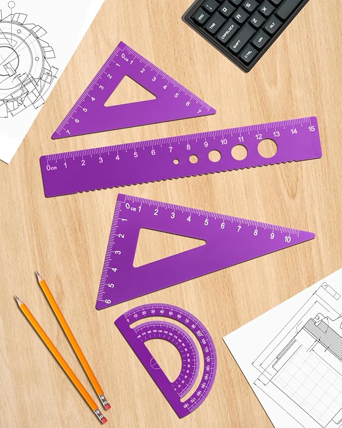Honagu Triangular Ruler Set, 4 Pieces Aluminum Alloy Ruler, Metal Drafting Ruler, Geometric Protractor for Students, Draftsmen, Engineers, School Office Supplies (Purple)