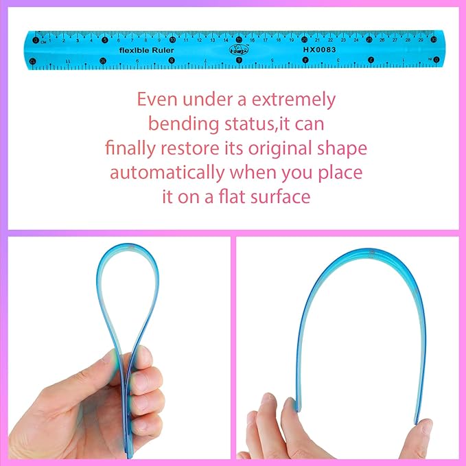 Grevosea 2 PCS Flexible Ruler Bendable Unbreakable Safe Soft Transparent Clear Shatterproof Clear Rulers Straight Flat Plastic Ruler for Home School Classroom Office Kids Adults (Purple, Blue)