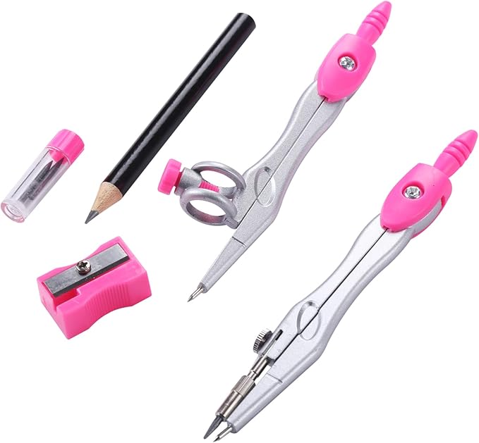 Math Geometry Kit Sets 10 Piece Student Supplies with Shatterproof Storage Box,Includes Rulers,Protractor,Compass,Eraser,Pencil Sharpener,Lead Refills,Pencil,for Drafting and Drawings（Pink）
