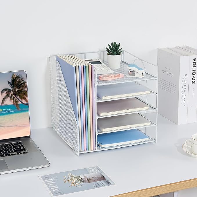 Desk Organizers and Accessories, 5-Tier Paper Letter Tray Organizer with File Holder, Desktop Organizer for Office Supplies, Office Desk Accessories & Workspace (White)
