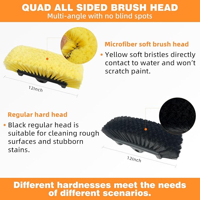 TOWBRUS 12FT/144inch Car Wash Brush with Long Handle Water Fed Telescopic Pole with Angle Adapter 12" Soft and Hard Bristle Cleaning Tool for Car Truck RV House Floor Window Glass Roof Pool