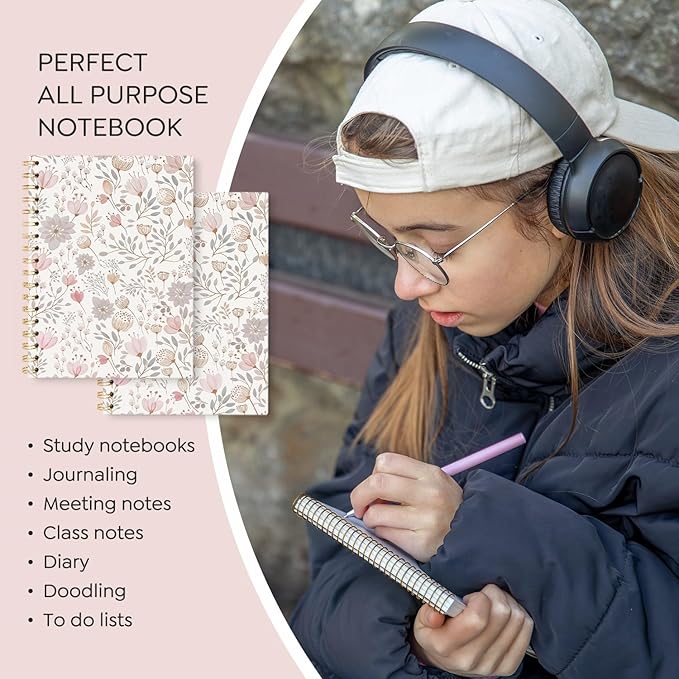 Boho Flower Pastel Notebooks Journal College Ruled, Floral College Ruled Notebooks for Note Taking, Girly Wildflower Pretty Journal Journaling, Spiral Notebook 5.5x8.3