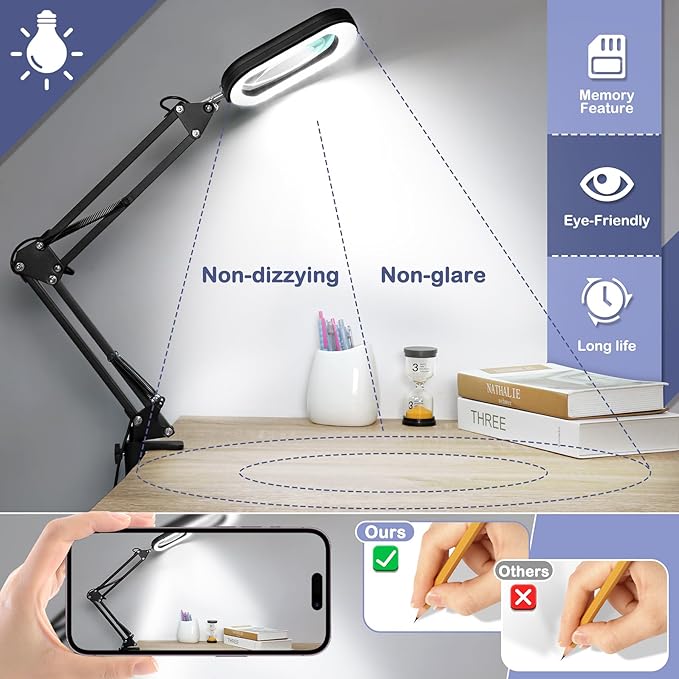 Drdefi 10X Square Magnifying Glass with Light and Stand, Real Glass LED Lighted Magnifier, 5 Color Modes Stepless Dimmable, Hands-Free Mag Desk Lamp with Clamp for Reading Craft Hobby Close Work