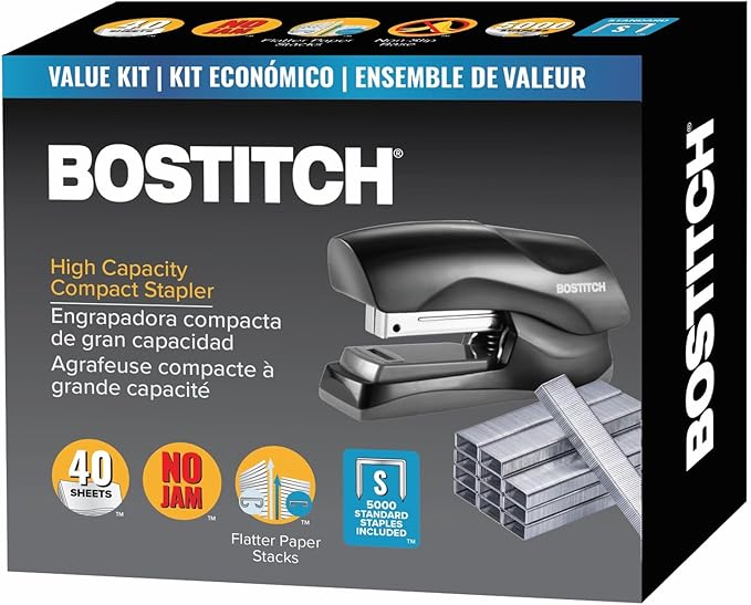Bostitch Office Heavy Duty 40 Sheet Stapler with 1250 Staples & Claw Remover, Small Stapler Size, Fits into The Palm of Your Hand, Value Pack, Red (B175-BLK-VP)
