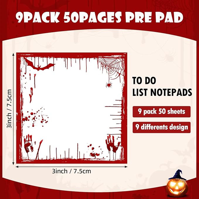 9 Pieces Halloween Sticky Note Halloween Blood Note Pads 450 Pieces of Self Adhesive Removable Memo Pads, 50 Sheets Each for Halloween School Office Home Students Teachers Presents
