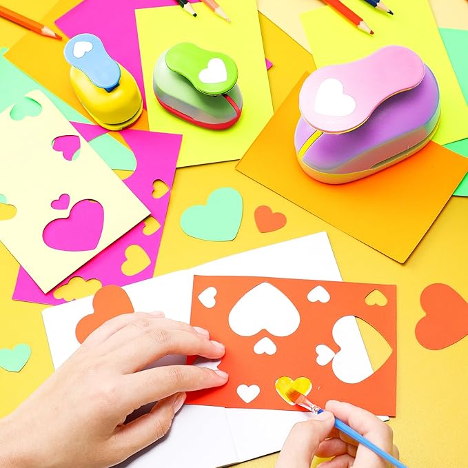 Chengu 3 Pack Craft Hole Punch 2,1 and 5/8 Inch Punch Paper Punchers with 10 Pcs Sticker, Cutter for Card Making Scrapbook DIY Albums Photos Office Supplies(Heart)
