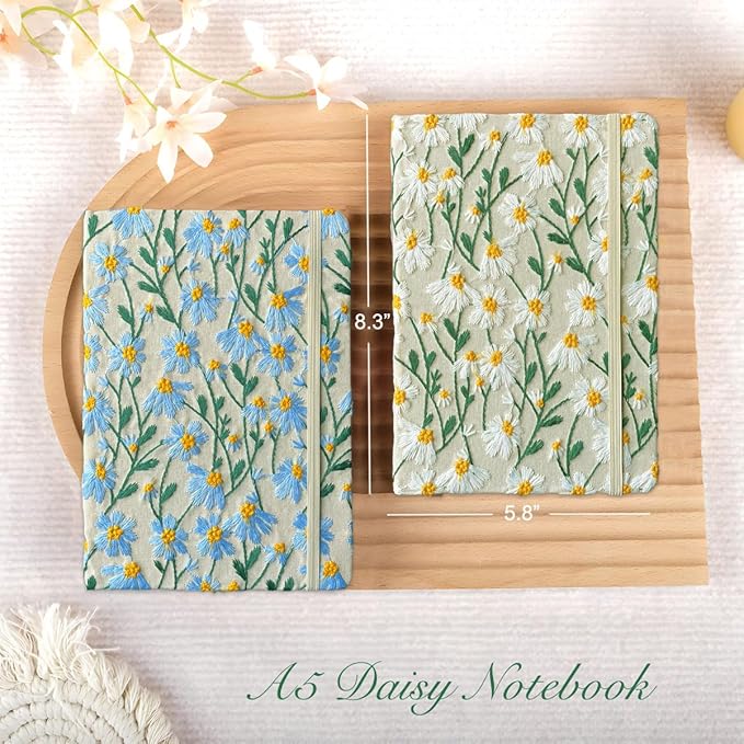 A5 Notebook, Flower Journal, Embroidered Notebook, 8"x6", Hardcover, Lay Flat, Lined, Wide Ruled Paper, Personalized Notebook, Pretty Journal, Daisy Gifts for Women, Blue, with Elastic Band