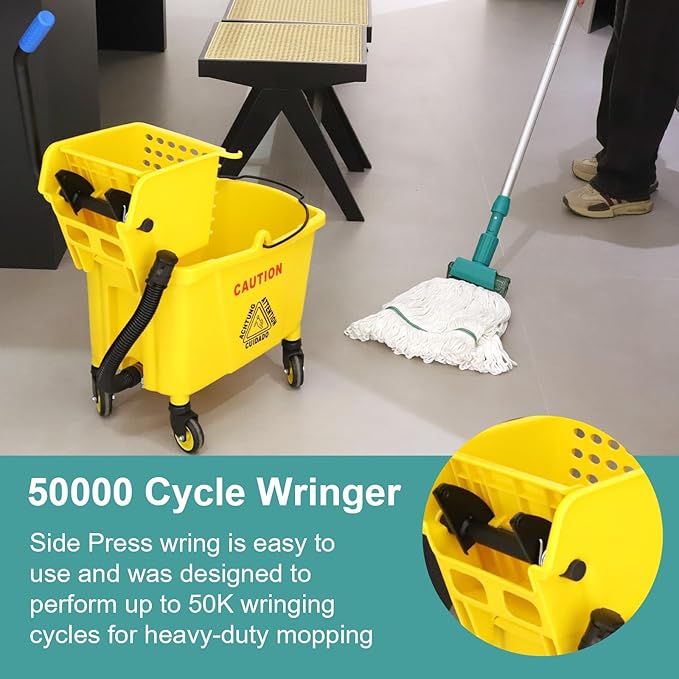 Wajeehaa Side Press Wringer Combo Commercial Mop Bucket on Wheels, 35 Quart,Yellow, Including Commercial Mop and Rubber Gloves