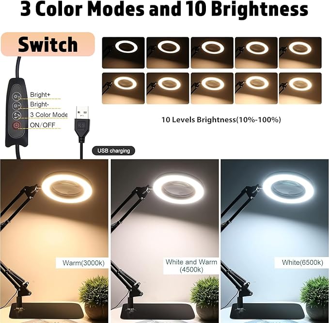 15X Magnifying Glass with Light, Table Lamp with Stand and Clamp, 2-in-1 LED Desk Lamp with Magnifier, 3 Color Modes, 72 LEDs, Real Glass Lens for Close Works, Craft, Hobby, Painting, Reading, Repair