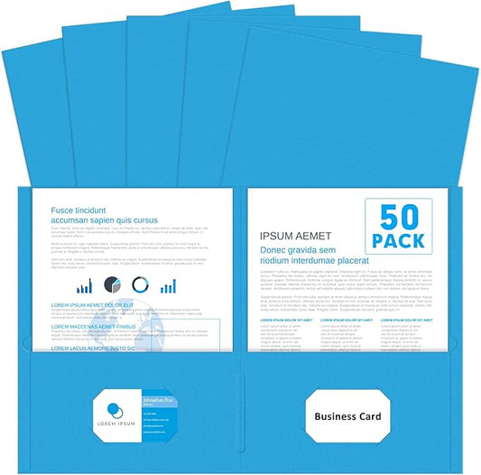 Two Pocket Folders, PANDRI 50 Pack 2 Pocket Folders, Letter Size Paper File Folder for School Office Home Business, LightBlue