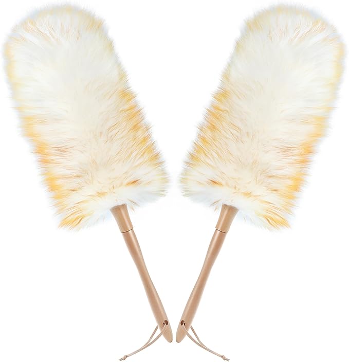 ONESIMUS 2 Pack Lambswool Dusters Fluffy Handheld Natural Feather Duster, 11 inch Washable Reusable Wool Dusters with Solid Wooden Handle for Cleaning Ceiling Fan, Interior, & Car etc